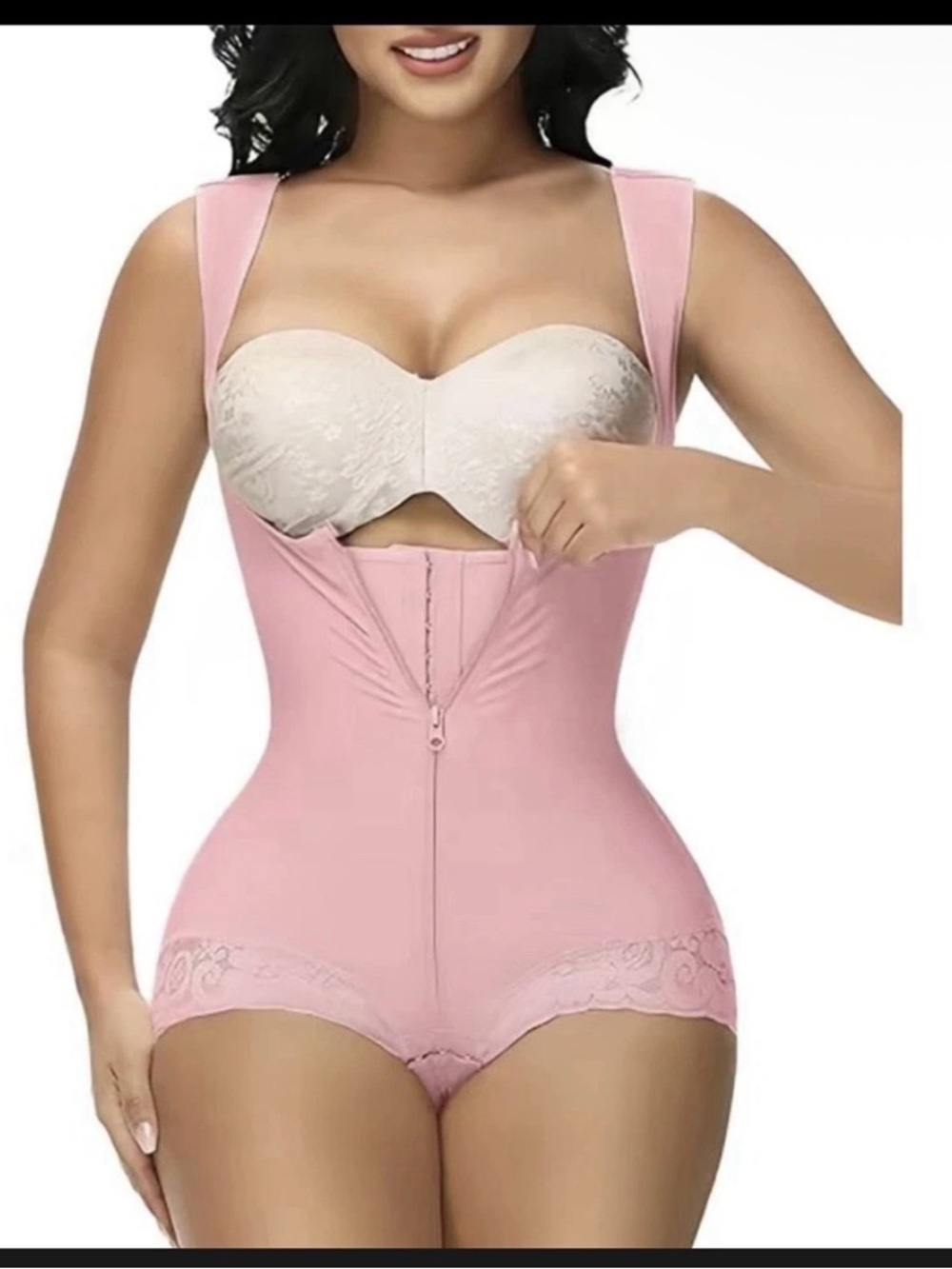 High-Waist Pink Full-Body Shaper with Adjustable Straps